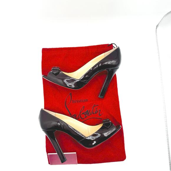 Christian Louboutin Burgundy patent Leather Peep toe Pump sz IT 38.5 - Picture 5 of 11